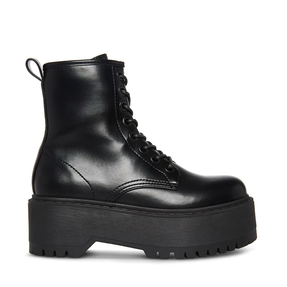 Steve Madden Bettyy 2.0 Faux Leather All-Black Combat Chunky Ankle Boot Size 8